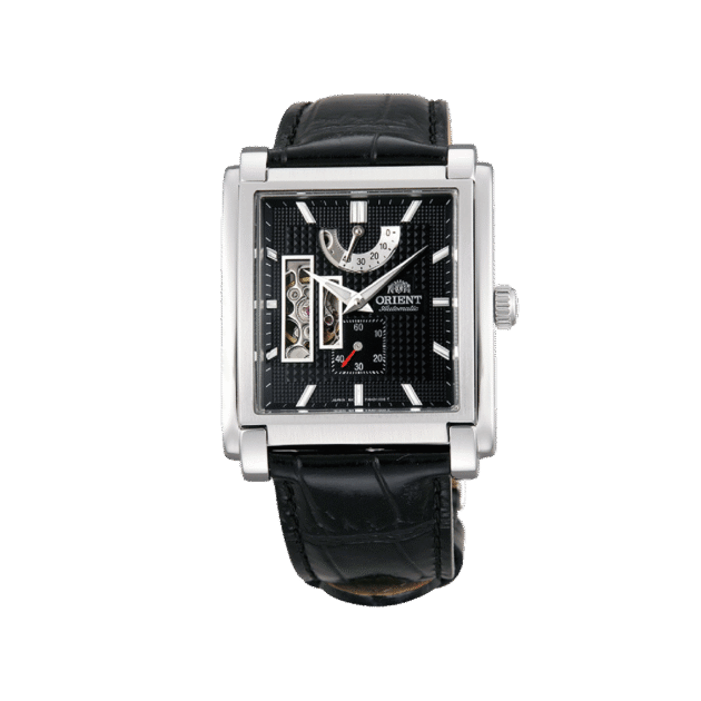 ORIENT: Noble Tank Skeleton Automatic Power Reserve Indicator Black Dial Small Seconds CFHAD002B