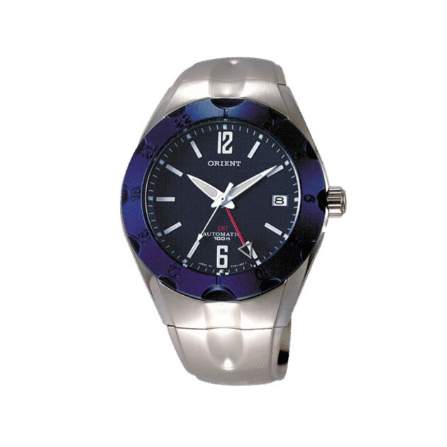 ORIENT: Rare GMT Automatic Watch Blue Dial Metal Strap Made in Japan (FE01002D)