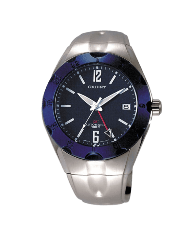 ORIENT: Rare GMT Automatic Watch Blue Dial Metal Strap Made in Japan (FE01002D)