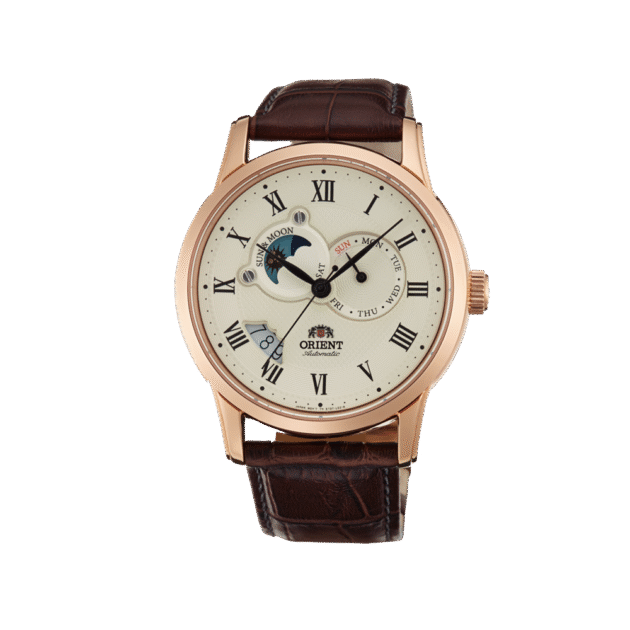 ORIENT: Mechanical Classic Watch, Sun and Moon, Leather Strap - 42.5mm (ET0T001W)