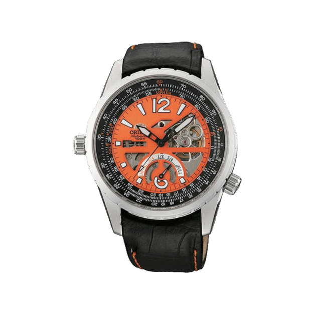 Orient: Rally Automatic Watch Power Reserve Semi-Skeleton Orange Dial CFT00002M