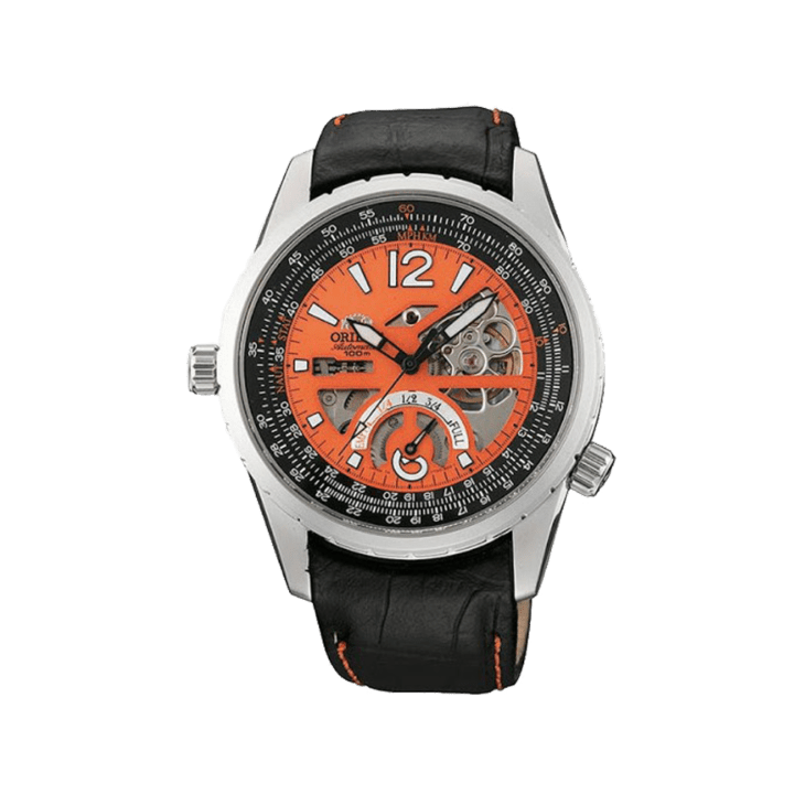 Orient: Rally Automatic Watch Power Reserve Semi-Skeleton Orange Dial CFT00002M