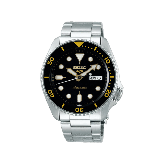 SEIKO: Seiko5 Mechanical Sports Watch, Metal Strap - Black Dial - 42.5mm (SRPD57K1) Made in Japan.