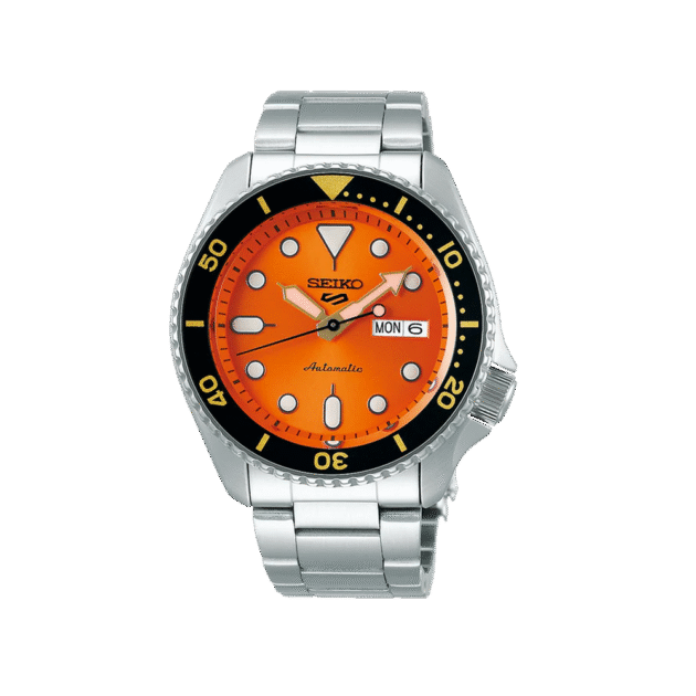 SEIKO: Seiko5 Mechanical Sports Watch, Metal Strap - Orange Dial - 42.5mm (SRPD59K1) Made in Japan.