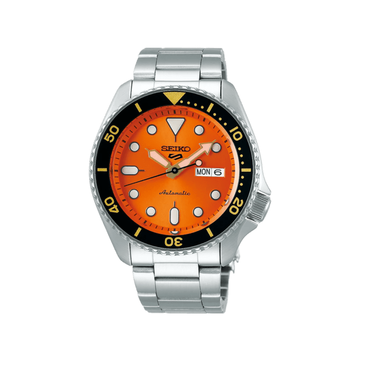 SEIKO: Seiko5 Mechanical Sports Watch, Metal Strap - Orange Dial - 42.5mm (SRPD59K1) Made in Japan.