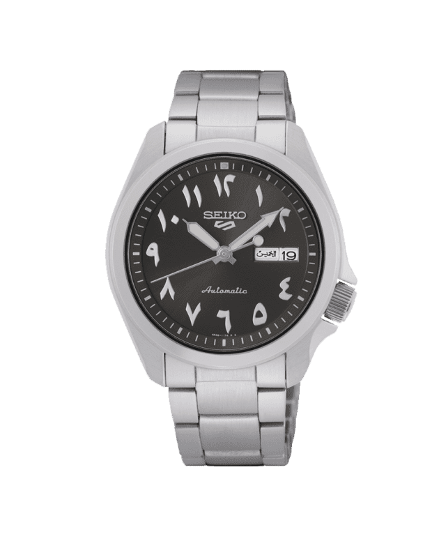 SEIKO: Seiko5 Mechanical Sports Watch, Metal Strap -Arabic Black Dial - 39.4mm (SRPH47K1) Made in Japan.