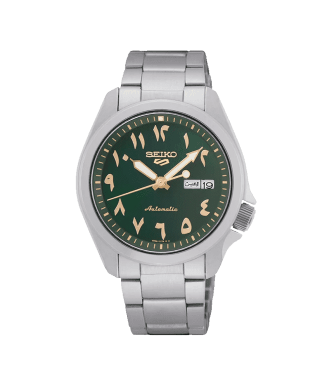 SEIKO: Seiko5 Mechanical Sports Watch, Metal Strap -Arabic Green Dial - 39.4mm (SRPH49K1) Made in Japan.