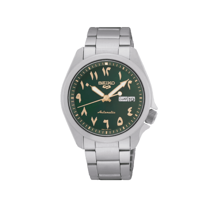 SEIKO: Seiko5 Mechanical Sports Watch, Metal Strap -Arabic Green Dial - 39.4mm (SRPH49K1) Made in Japan.