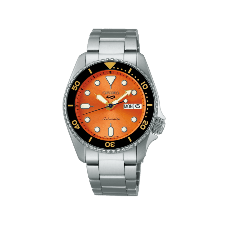 SEIKO: Seiko5 Mechanical Sports Watch, Metal Strap - Orange Dial - 38mm (SRPK35K1) Made in Japan.