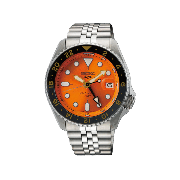 SEIKO: Seiko5 GMT Mechanical Sports Watch, Metal Strap - Orange Dial - 42.5mm (SSK005K1) Made in Japan.