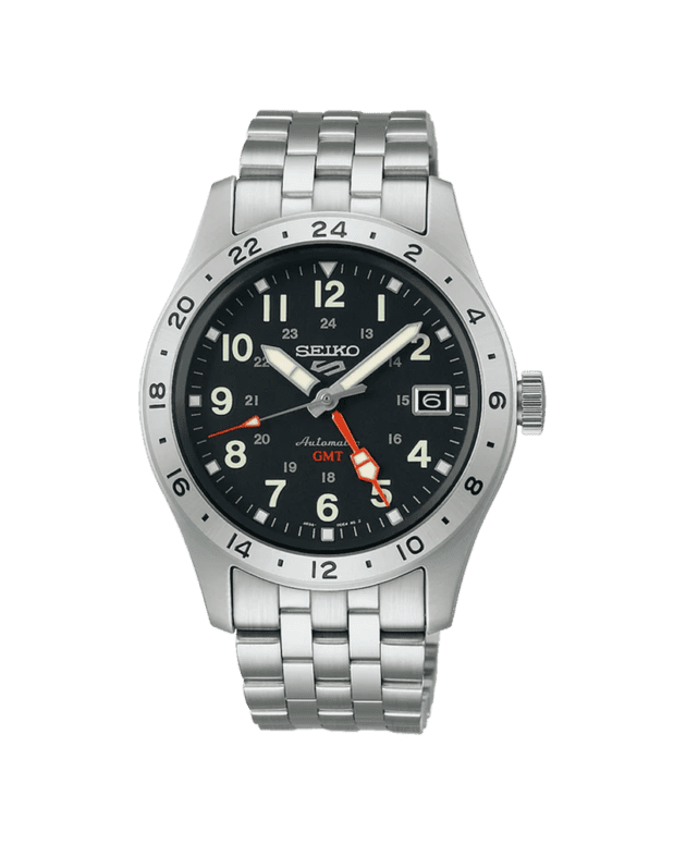 SEIKO: Seiko5 Mechanical ‘Field’ ‘Deploy’ Mechanical GMT Watch, Metal Strap - Black Dial - 39.4mm (SSK023K1) Made in Japan.