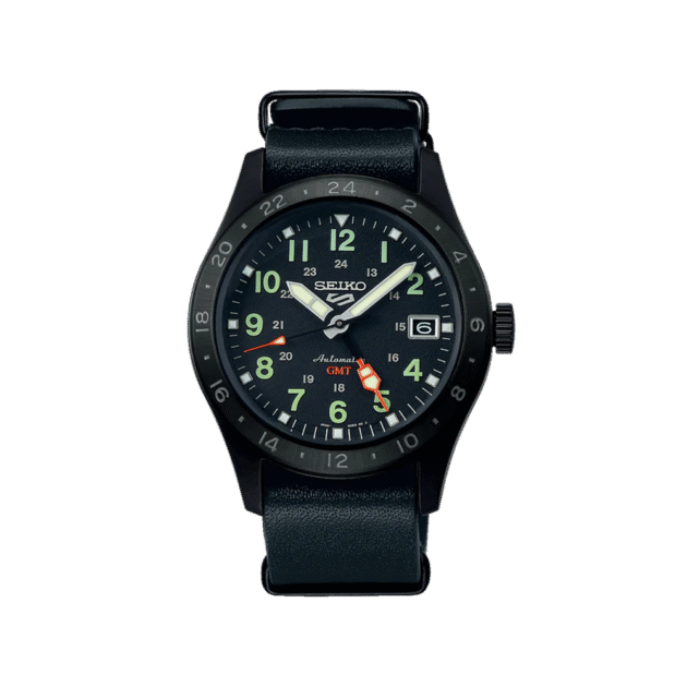 SEIKO: Seiko5 Mechanical ‘Field’ ‘Deception’ Mechanical GMT Watch, Leather Strap - Black Dial - 39.4mm (SSK025K1) Made in Japan.