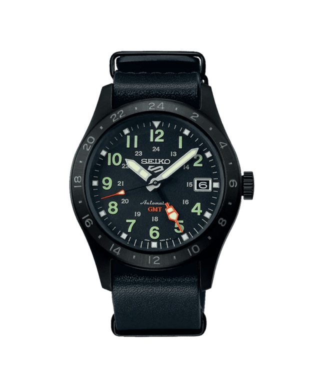 SEIKO: Seiko5 Mechanical ‘Field’ ‘Deception’ Mechanical GMT Watch, Leather Strap - Black Dial - 39.4mm (SSK025K1) Made in Japan.